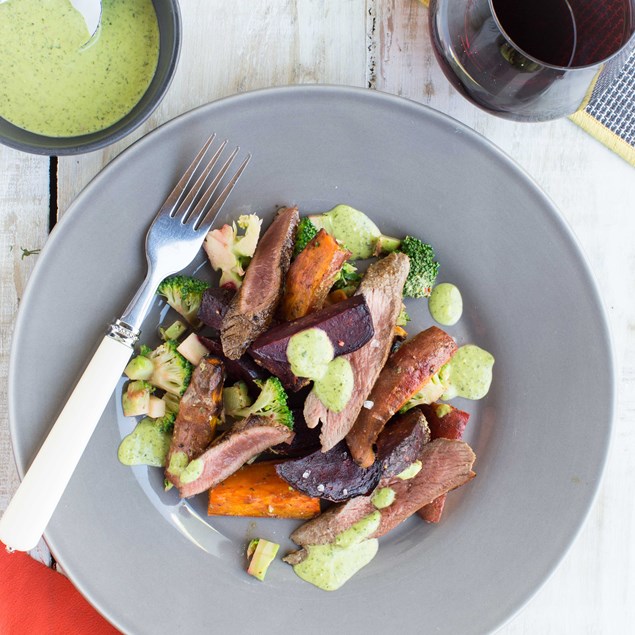 Spiced Lamb Fillets, Roast Kumara and Beet Salad with Chimichurri