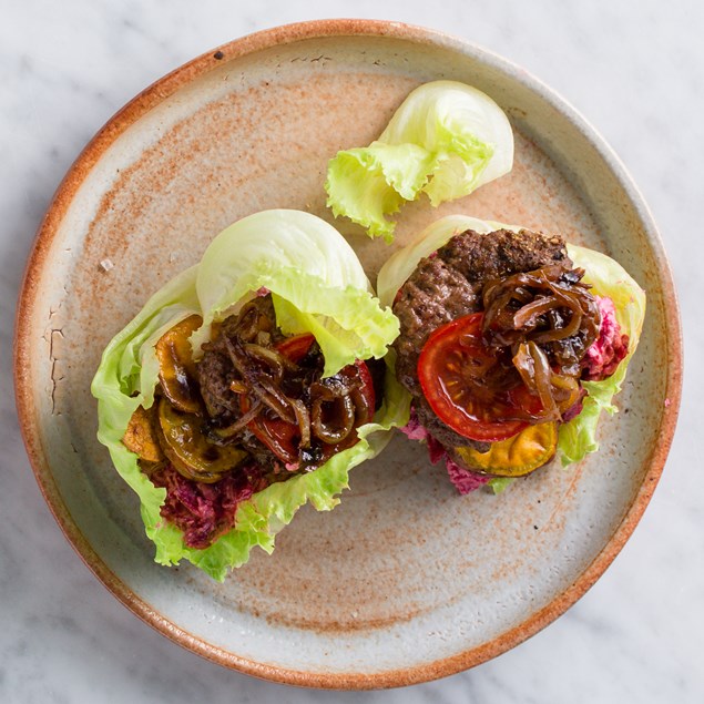 Bunless Burgers with Beetroot Feta and Caramelised Onions