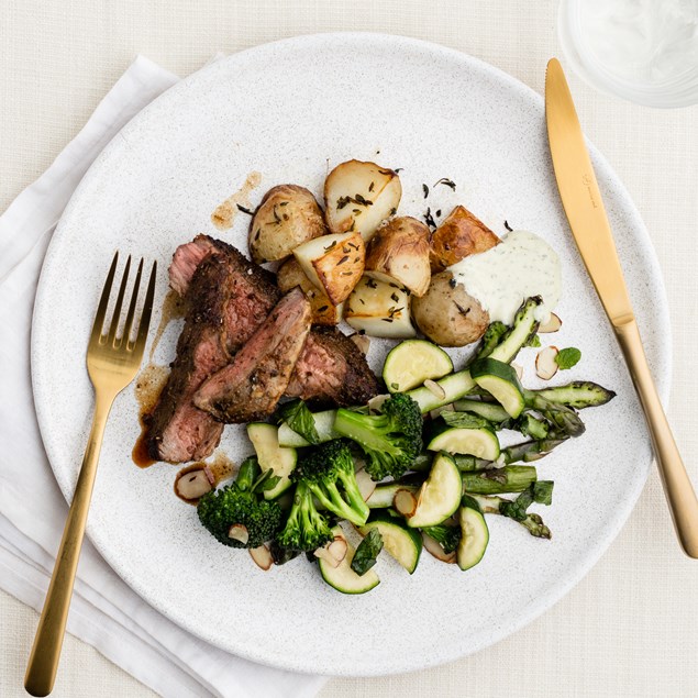 Butterflied Lamb Leg with Roast Potatoes and Mint Mayo