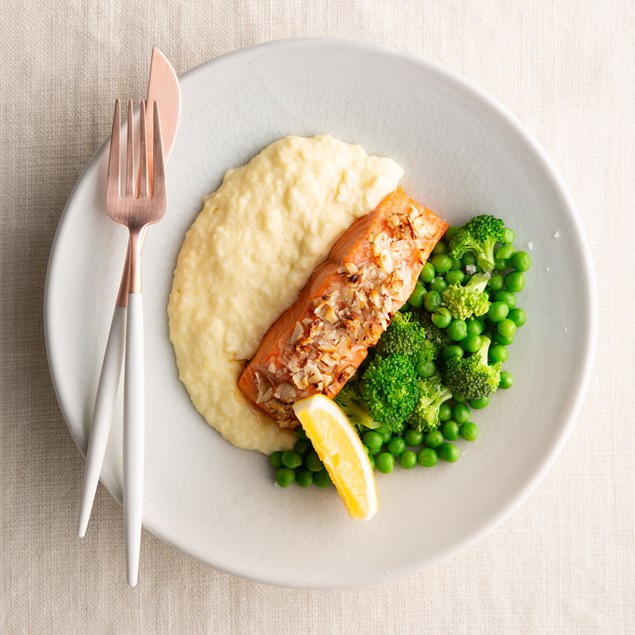 Almond Baked Salmon with Potato Cauliflower Mash and Greens