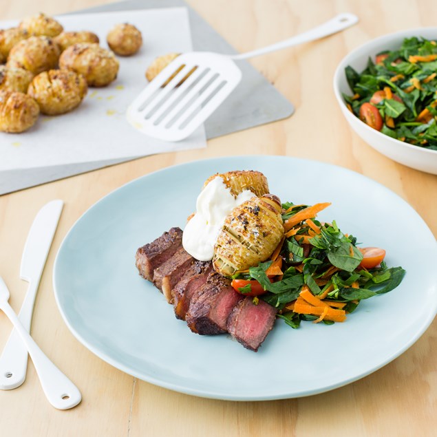 Hasselback Potatoes with Beef Sirloin Steak and Salad