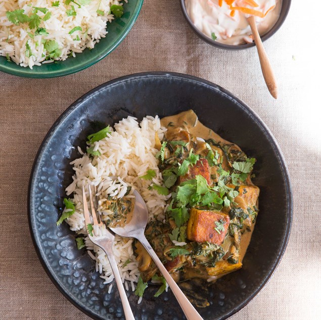 Paneer and Mushroom Saagwala with Carrot Raita