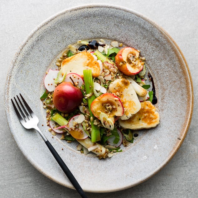 Halloumi Bites with Maple Roasted Apples and Super Grains