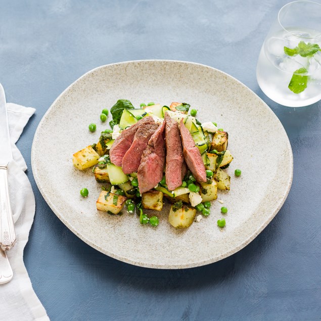Lamb with Pesto Potatoes and Minted Feta Salad