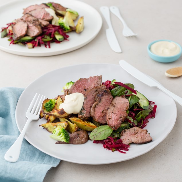 Tarragon Lamb Rumps with Kumara Wedges and Betroot Salad