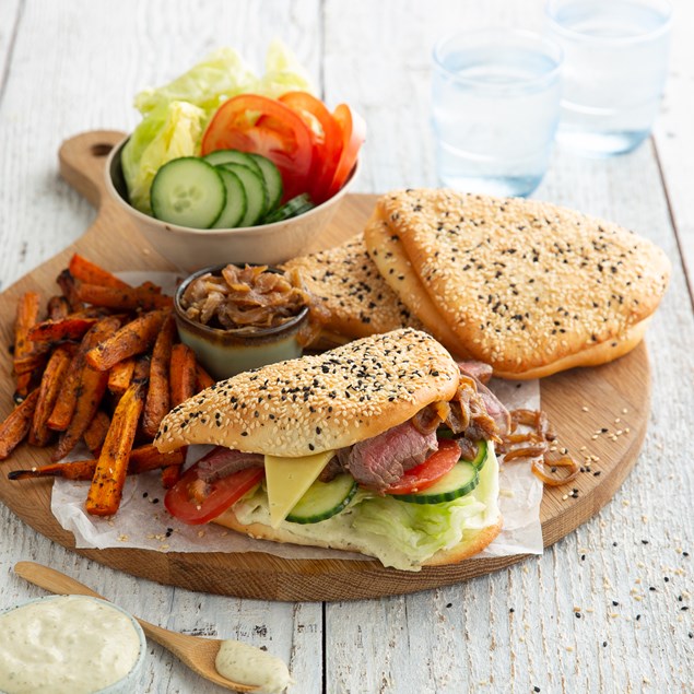 Beef Steak Sammies with Horseradish Gherkin Mayo