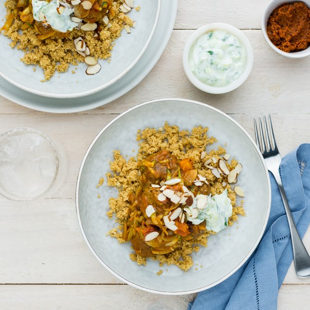 Kasundi Beef with Couscous and Cucumber Sour Cream