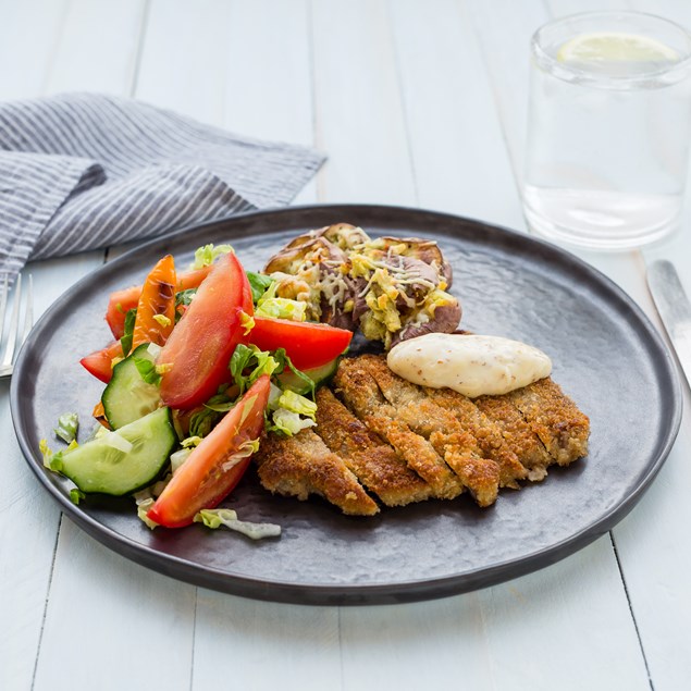 Beef Cotoletta with Smashed Kumara and Tomato Salad