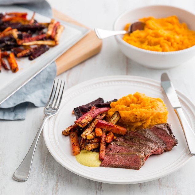 Beef Pave Steaks with Coconut Kumara Mash and Veggie Sticks