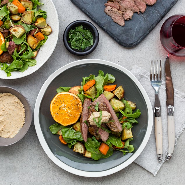 Tahini Roasted Lamb with Orange Fennel Vegetables and Hummus