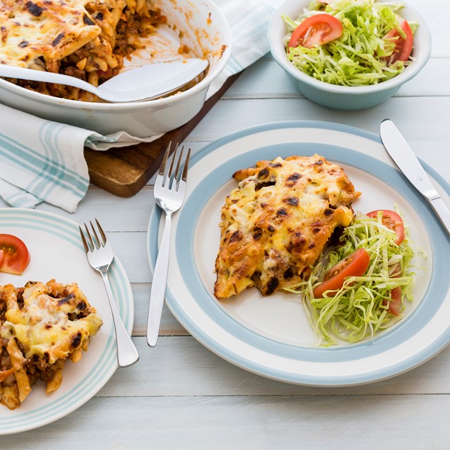 Chicken and Bacon Pasta Bake with Salad