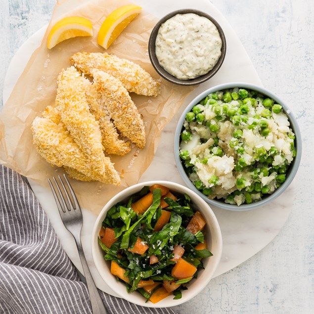 Fish Goujons with Crushed Pea Potatoes and Tartare Sauce