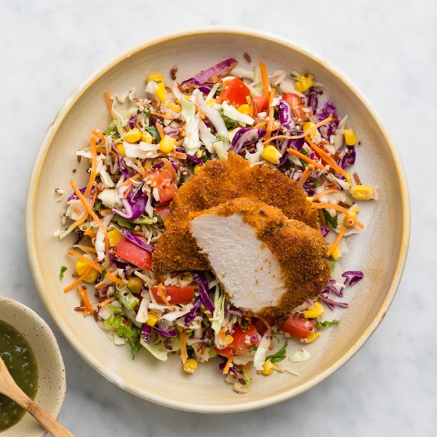 Crispy cajun Chicken bowl with Slaw and Tomatillo Relish