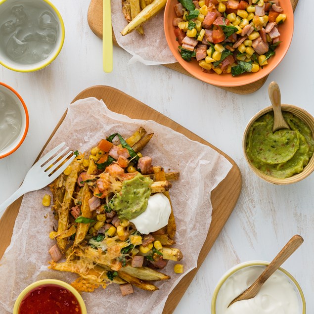 Tex-Mex Bacon Loaded Fries with Guacamole & Sour Cream