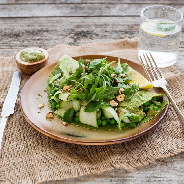 Green Crepes with Pea and Courgette Salad and Basil Pesto Mayonaise