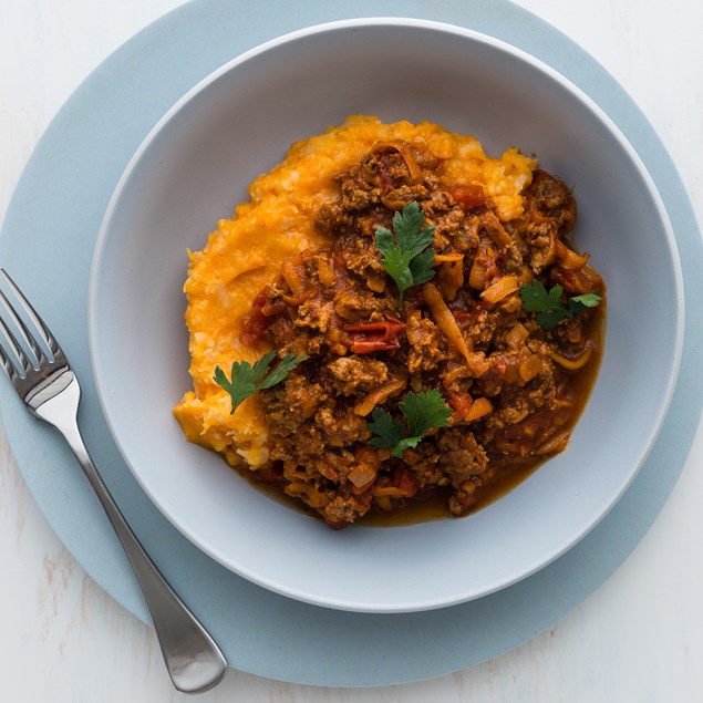 Spanish Lamb with Tomato Capsicum Sauce  and Kumara Mash