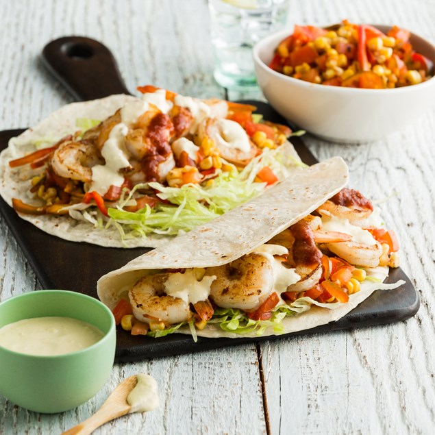 Mexican Fried Garlic Prawn Tacos with Sweetcorn Aioli