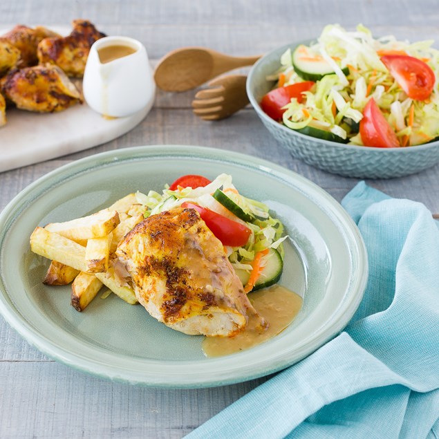 Butterflied Lemon Chicken with Chips and Gravy