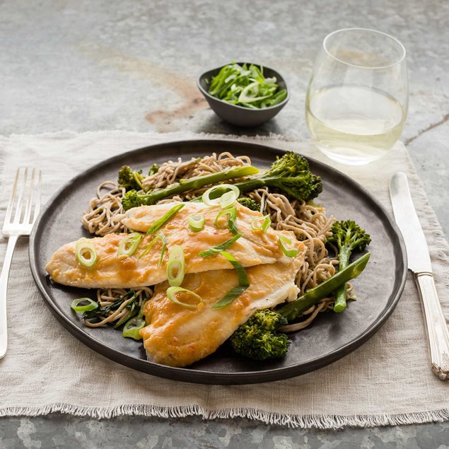 Chilli and Miso Glazed Fish with Sesame Sautéed Broccoli and Soba Noodles 