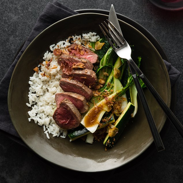 Venison with Sautéed Garlic Greens and Asian Master Stock