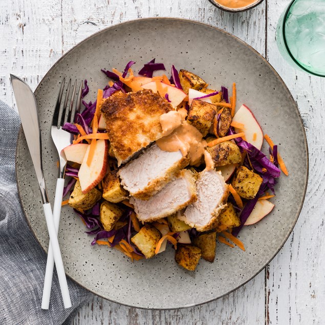 Crumbed Pork Steaks with Spiced Potatoes and Salad