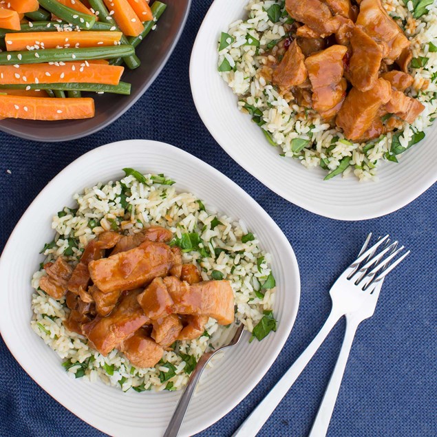 Sticky Pork with Spinach Rice and Vegetables