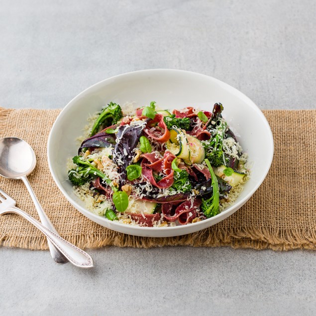 Beetroot Fettuccine with Baby Chard, Broccoli, Feta and Walnut Sauce