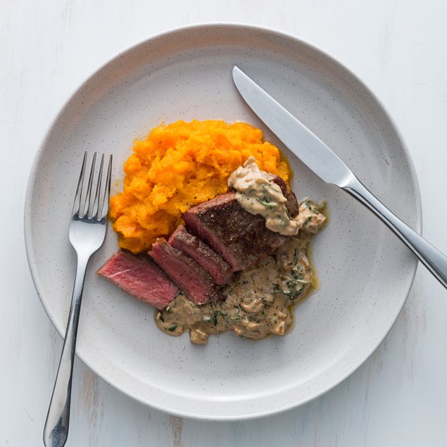 Beef Sirloin Steaks with Mash and Creamy Mushroom Sauce