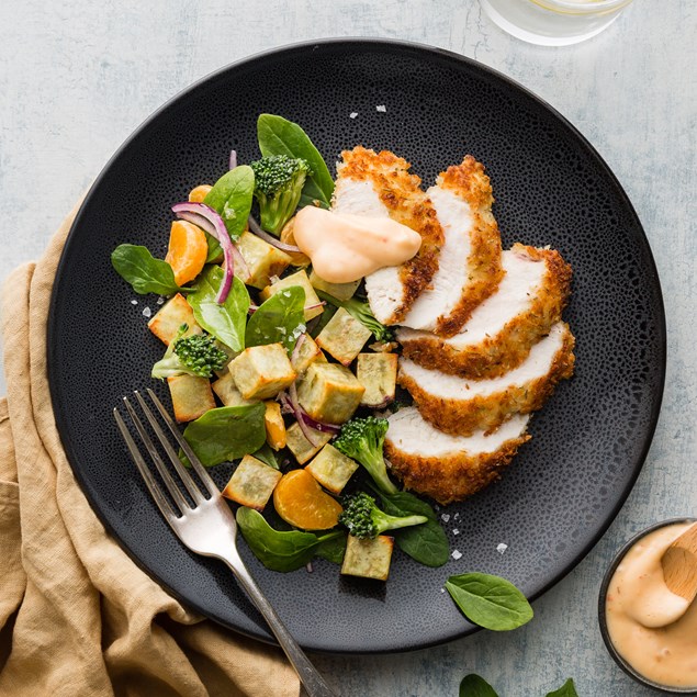 Crumbed Chicken with Kumara, Orange and Broccoli Salad 