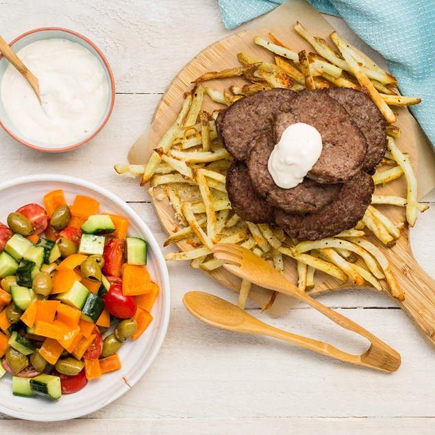 Beef Patties with Cheesy Chips and Sweet Chilli Sour Cream