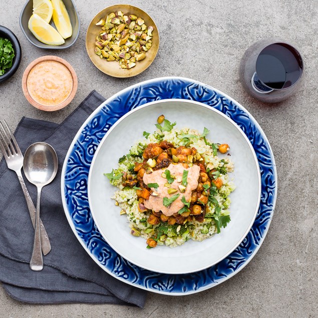 Chickpea Tagine with Broccoli Bulgur and Harissa Yoghurt