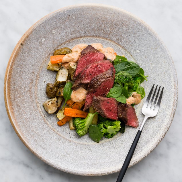 Lean Lamb Steaks With Red Pepper Pesto