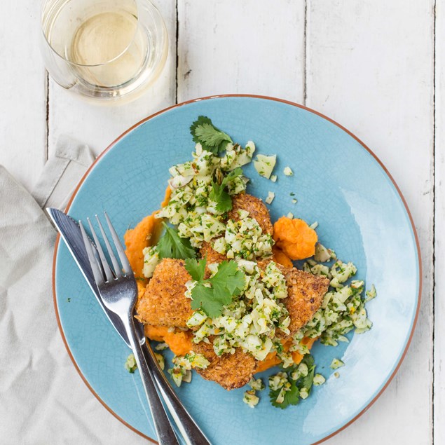 Moroccan Coconut Fish with Kumara Mash and Cauliflower Orange Salsa