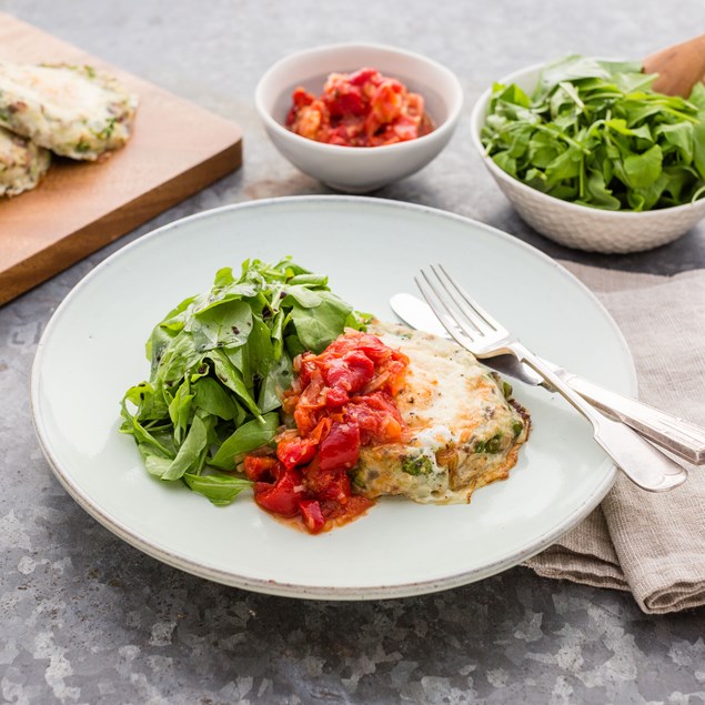 Potato and Pea Hash Cakes with Warm Tomato Salsa