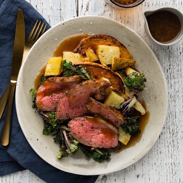 Mustard Roast Beef with Roasted Veggies and Crispy Kalettes