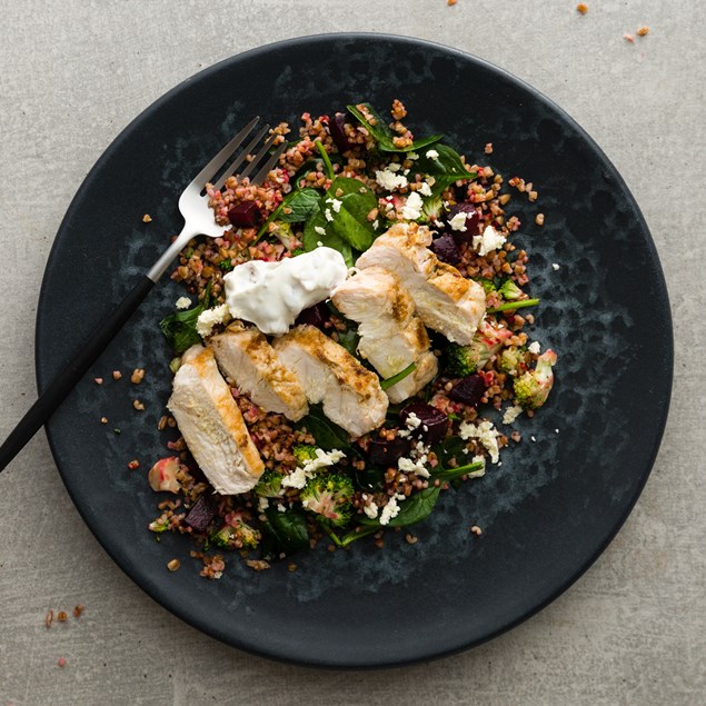 Cumin Chicken with Farro, Beetroot and Walnut Yoghurt