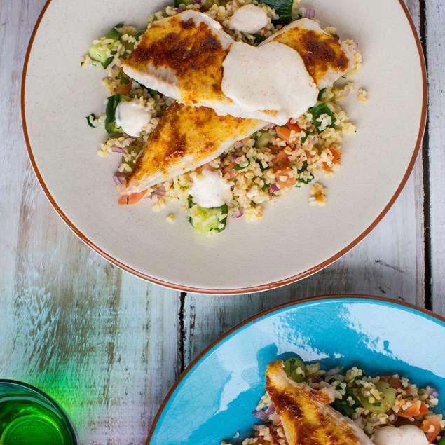Moroccan Harissa Fish with Grape, Tomato and Cucumber Tabbouleh