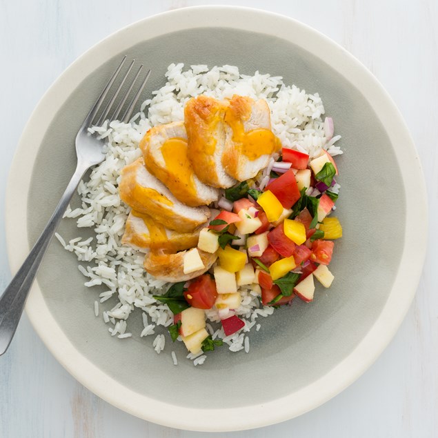 Tropical Chicken with Apple Salsa and Coconut Rice