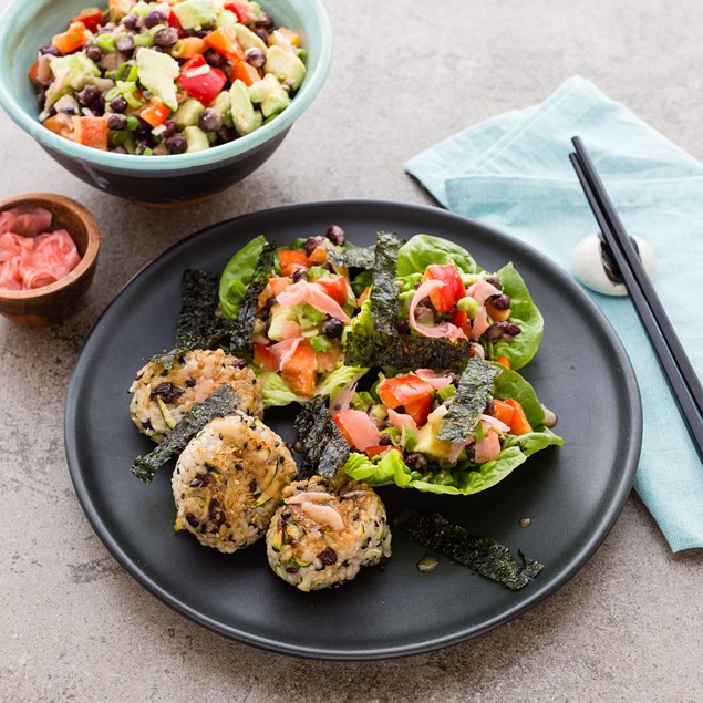 Grilled Adzuki Beans and Sesame Rice Balls with Japanese Salad