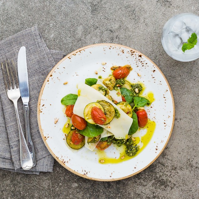 Open Lasagne of Courgettes, Artichokes and Basil Pesto