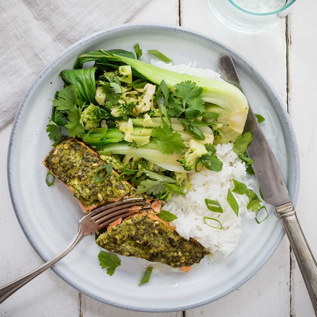 Asian Pesto-Glazed Salmon with Jasmine Rice and Vegetables