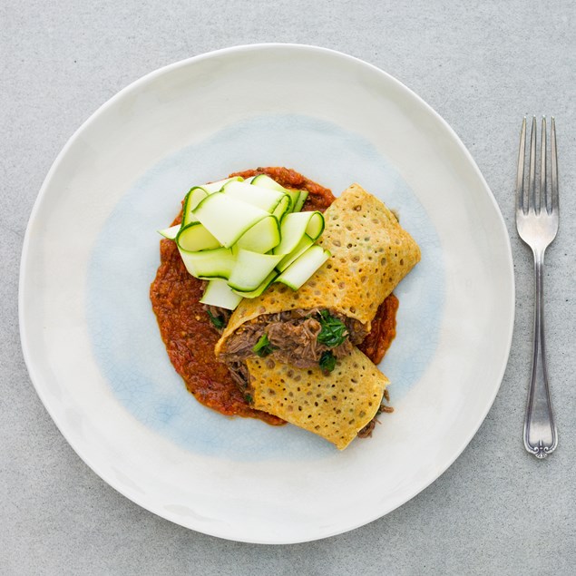 Pulled Beef Savoury Crepe with Apple Chutney and Pickled Courgette