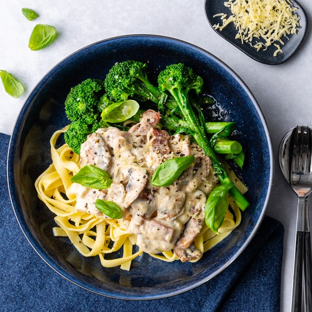 Bacon Fettuccine with Mushrooms & Porcini Cream