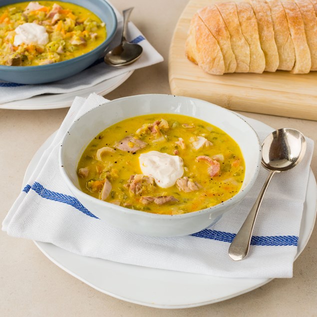 Creamy Chicken, Bacon and Lentil Soup with Ciabatta