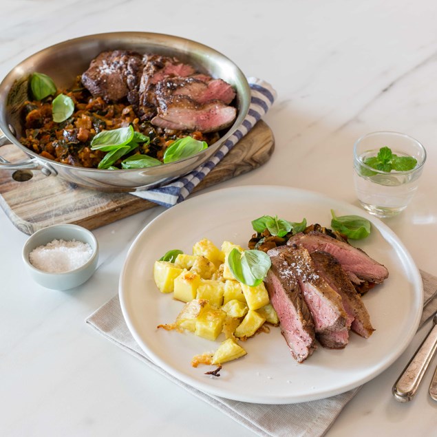 Herbed Butterflied Lamb Leg with Eggplant Ragout and Parmesan Potatoes