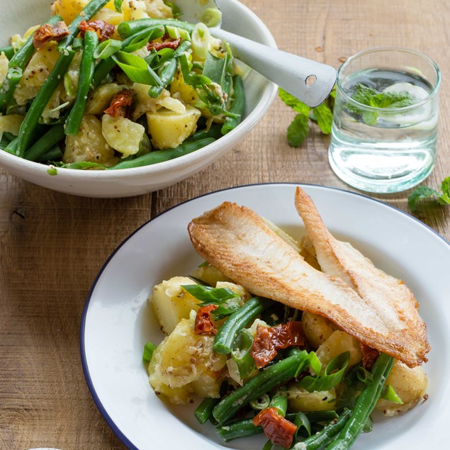 Pan-Fried Fish with Lemon Potatoes, Beans and Semi-Dried Tomatoes