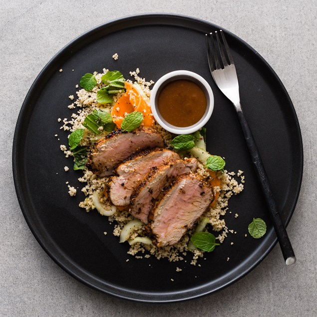 Harissa Pork with Couscous and Pomegranate Aioli