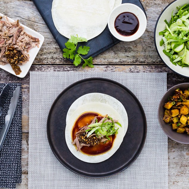 Peking Duck Pancakes with Honey-Hoisin Kumara and Slaw