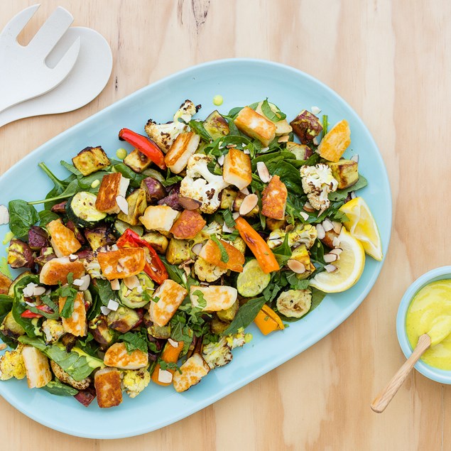 Warm Halloumi, Kumara and Cauliflower Salad with Curried Dressing