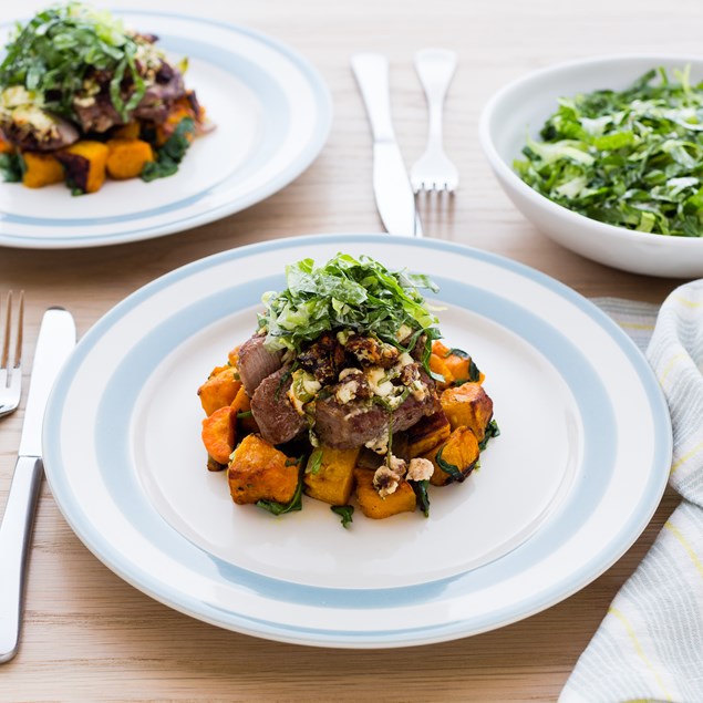 Feta and Date Crusted Lamb with Butternut and Carrots